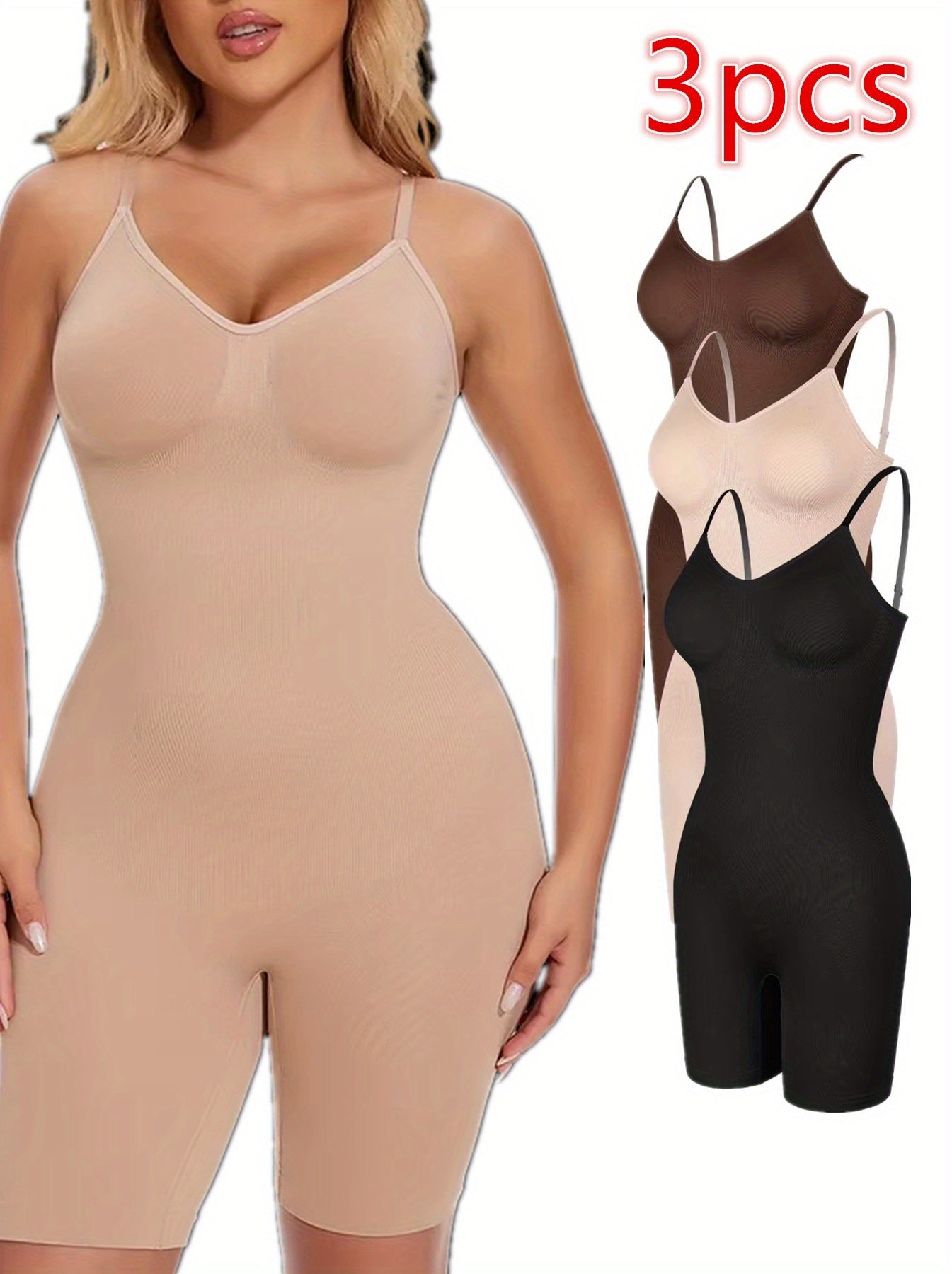 3pcs Solid Color Seamless Bodysuit for Plus Size Women Tummy Control Hip Lift All Season Shapewear for Daily Layering